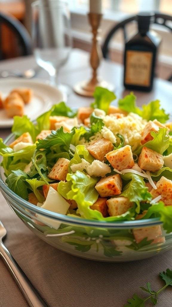 A classic Caesar salad with romaine lettuce, croutons, and Parmesan cheese in a bowl.
