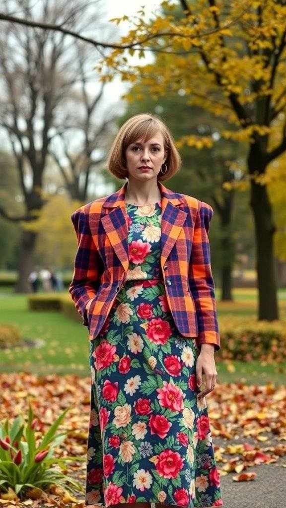 A woman wearing a vibrant plaid blazer over a floral dress, surrounded by autumn leaves.