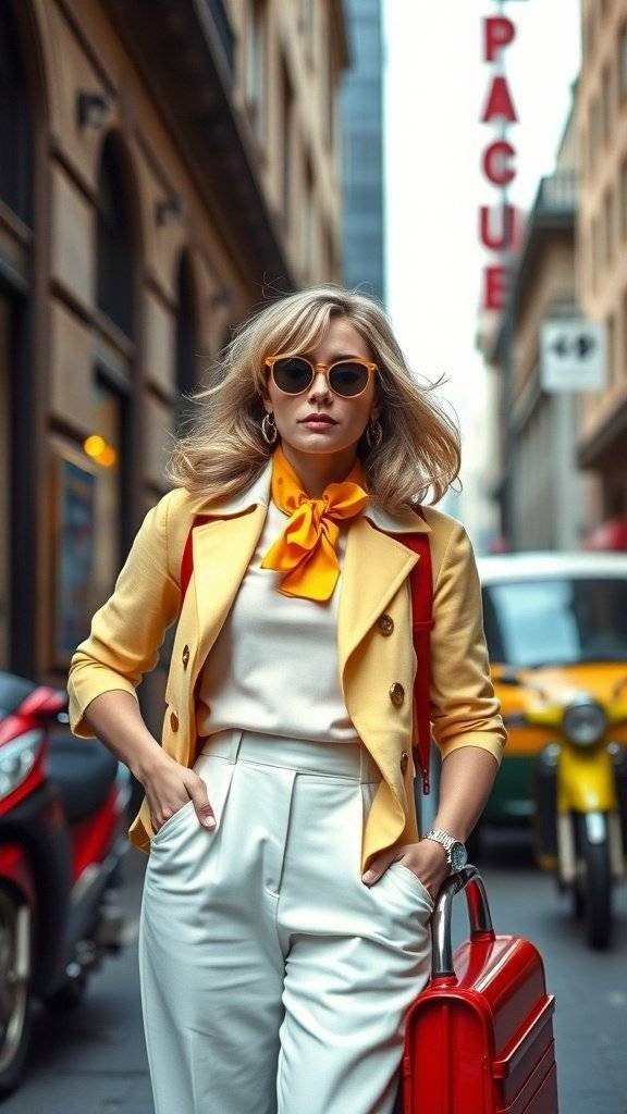 A stylish woman in a yellow blazer and orange bow tie, walking in a city street with a red handbag.
