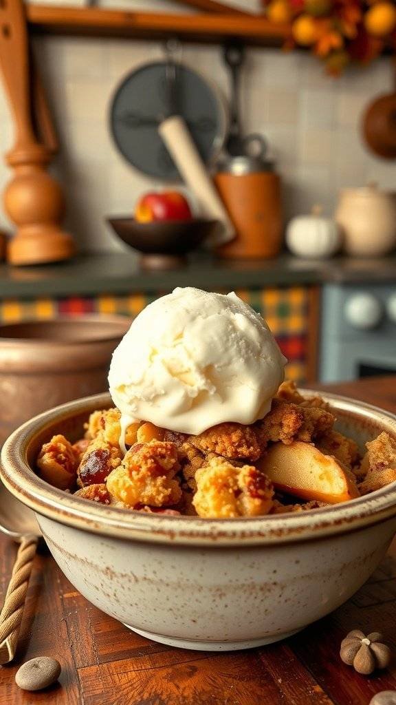A bowl of warm apple crisp topped with vanilla ice cream