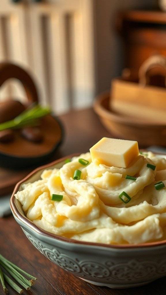 A bowl of creamy mashed potatoes topped with butter and chives.