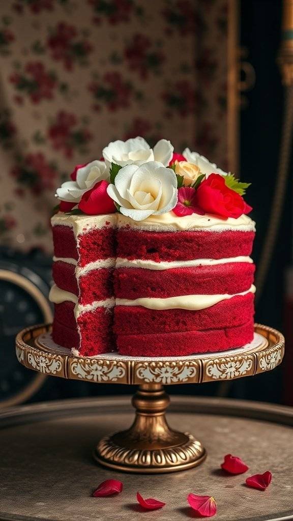 A beautiful red velvet cake decorated with flowers on a vintage cake stand.