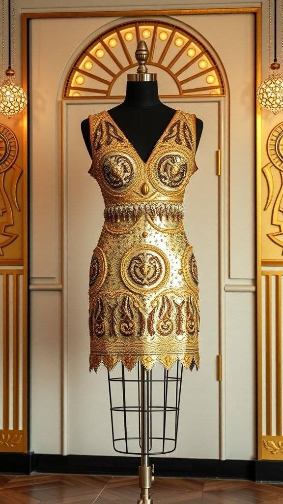 A gold sequin mini dress displayed on a mannequin, featuring intricate designs and patterns, set against an elegant backdrop.