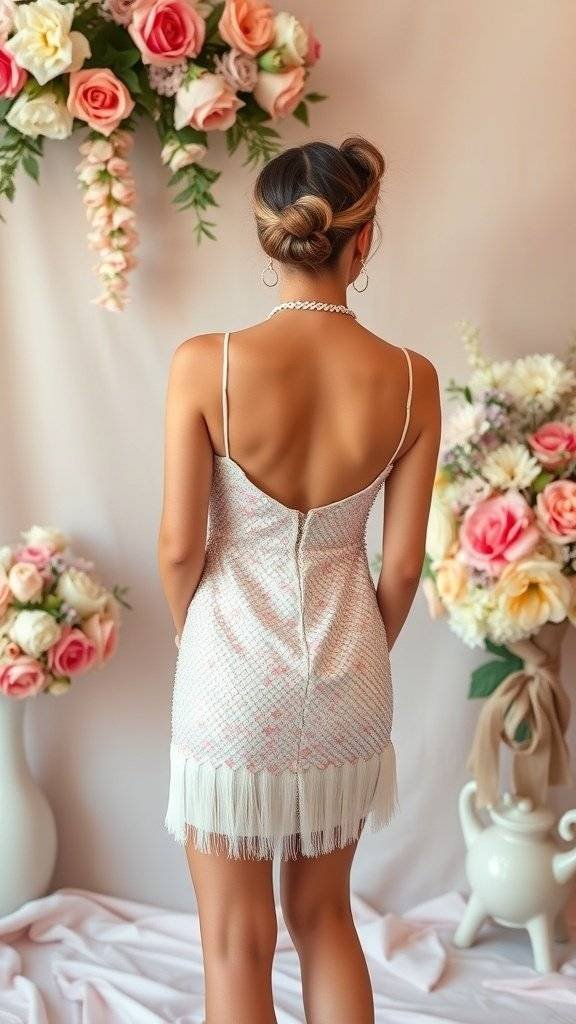 A woman wearing a pastel sequin mini dress with fringe, standing in front of a floral backdrop.