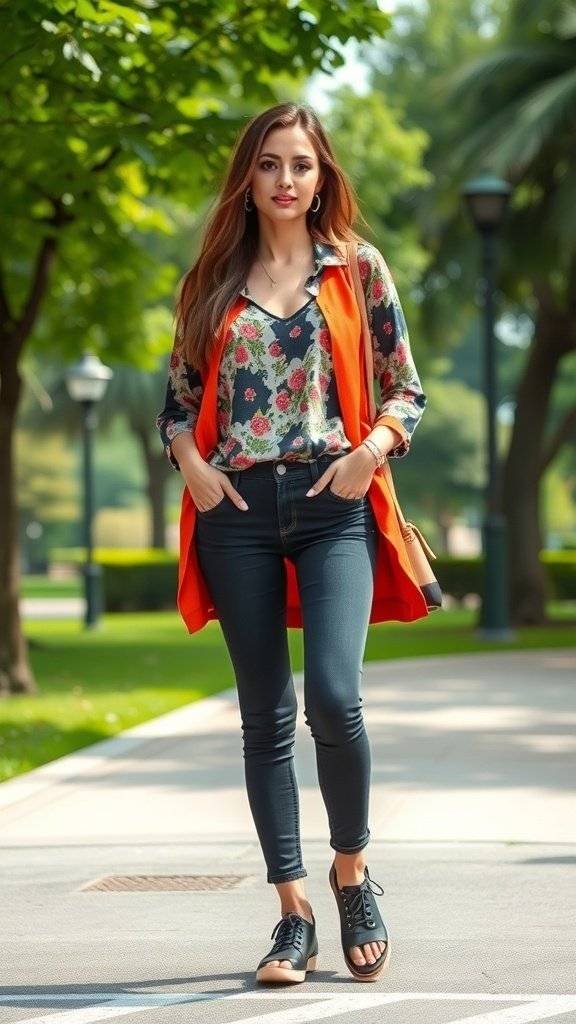 A woman in a floral jacket and leggings walking in a park