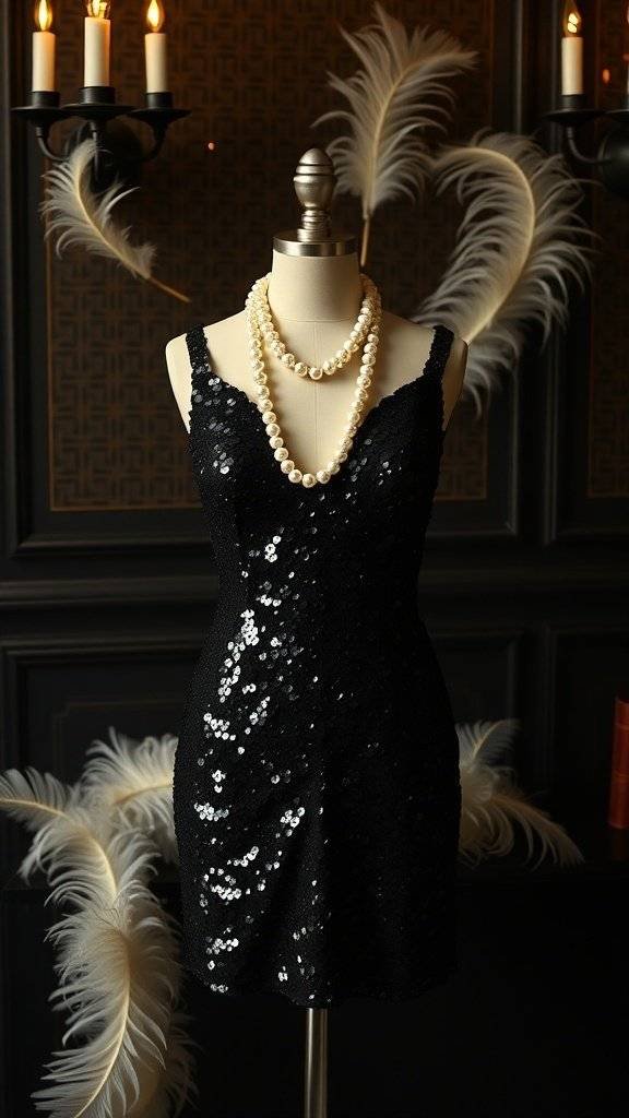 A classic black sequin mini dress on a mannequin, adorned with pearl necklaces, set against a luxurious backdrop.