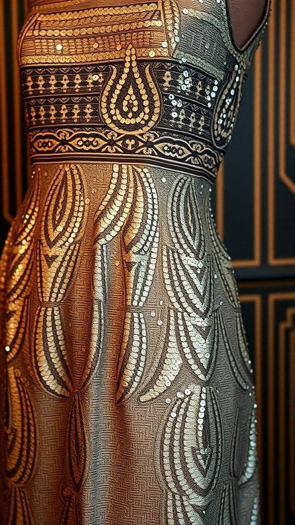 Close-up of a sequin mini dress featuring Art Deco patterns in gold and black.