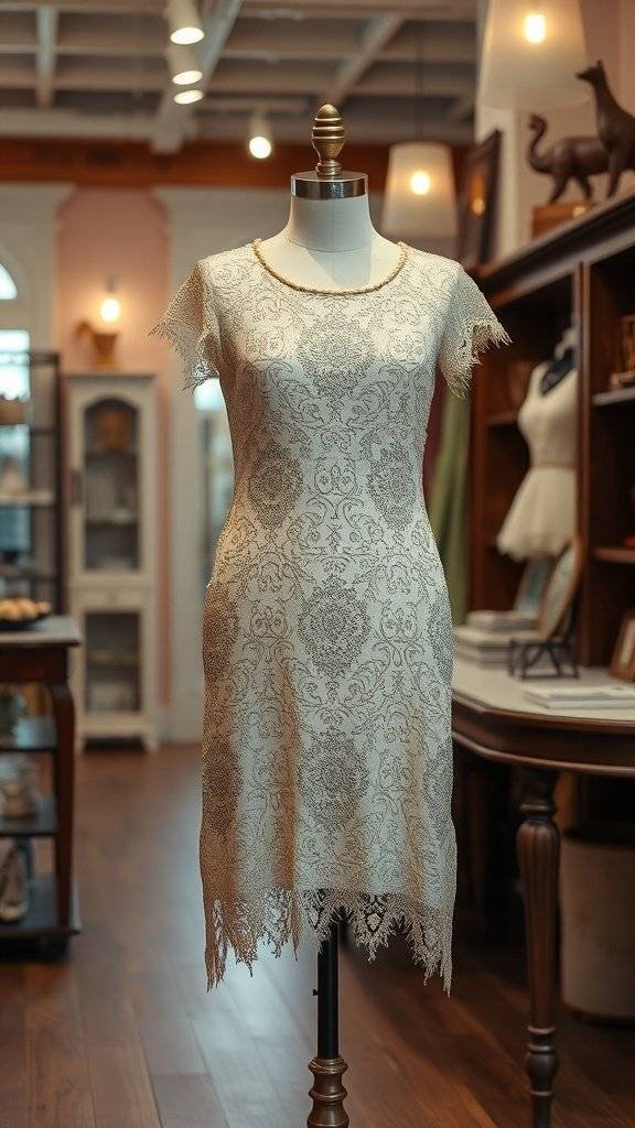 A sequin mini dress with intricate lace overlays displayed on a mannequin in a stylish boutique.