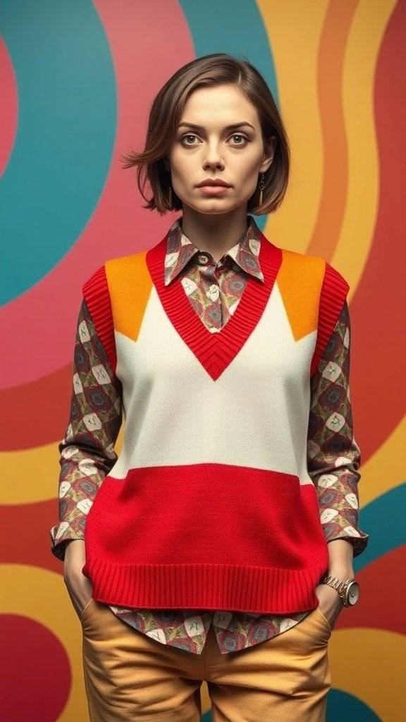 Model wearing a color-blocked sweater vest over a patterned shirt, showcasing 1960s fashion.