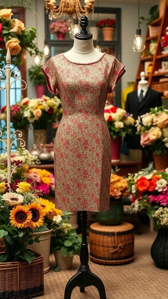 A floral sequin mini dress displayed on a mannequin in a flower shop, surrounded by colorful flowers.