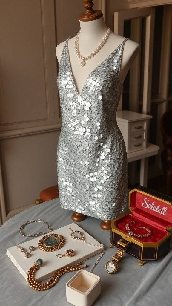 A silver sequin mini dress on a mannequin, surrounded by elegant jewelry and accessories.
