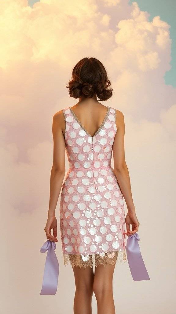 A woman wearing a pink sequin mini dress with polka dots and ribbons, set against a pastel cloud background.