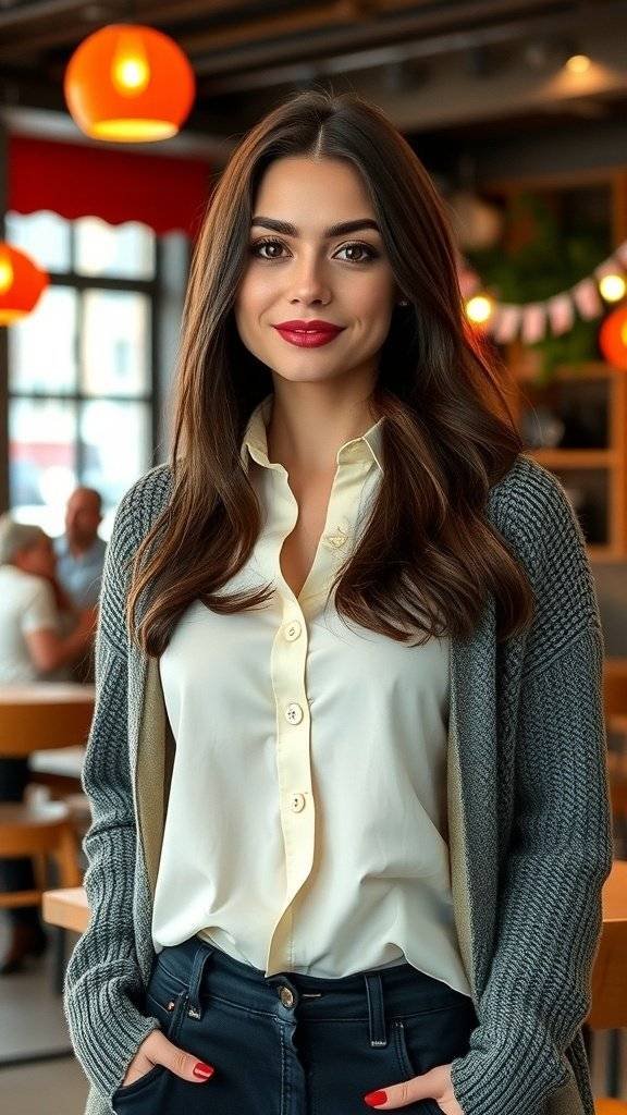 A woman in a beige cardigan over a white blouse, with plaid pants, showcasing a preppy layered outfit.