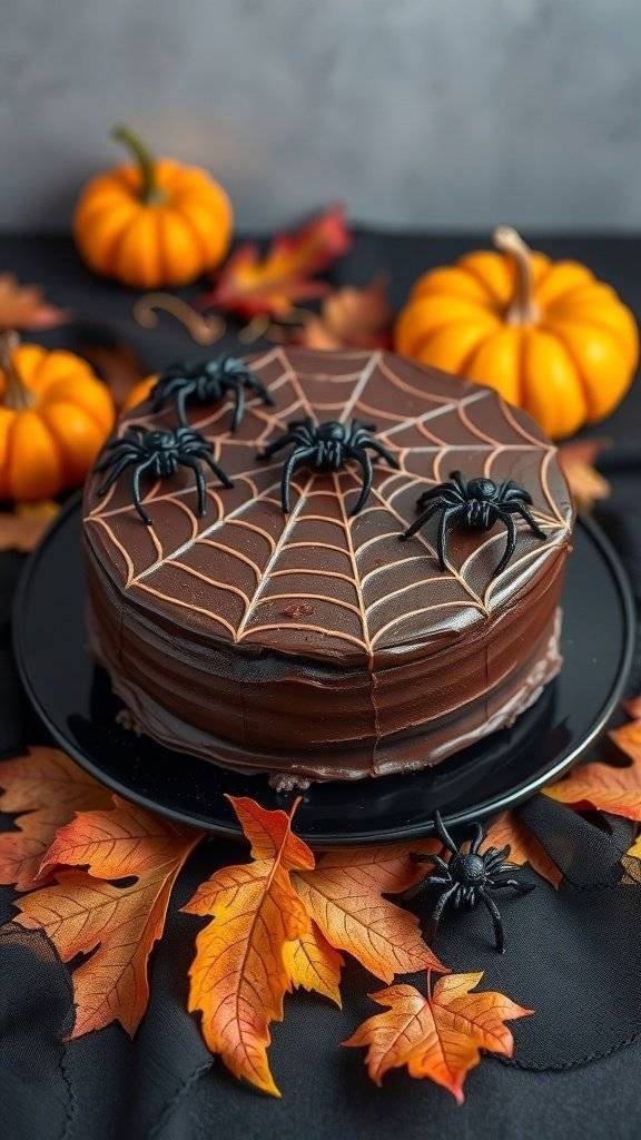 A spooky chocolate spider cake decorated with icing and plastic spiders, surrounded by autumn leaves and pumpkins.