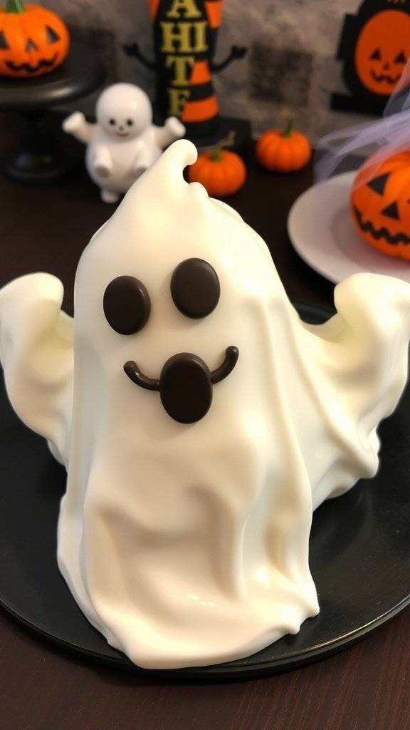 A ghost-shaped vanilla bean cake decorated with fondant and chocolate chips, perfect for Halloween.