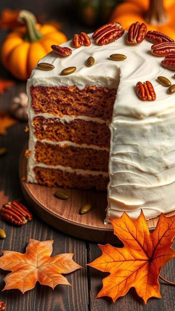 A beautifully decorated pumpkin spice cake with cream cheese frosting, topped with pecans and pumpkin seeds, surrounded by autumn leaves and mini pumpkins.
