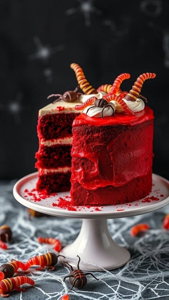 A creepy crawly red velvet cake decorated with gummy worms and chocolate spiders, sitting on a white cake stand.