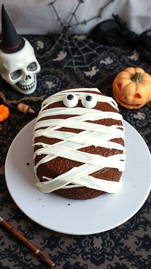 A chocolate cake decorated to look like a mummy with white icing and candy eyes, set against a Halloween-themed background.
