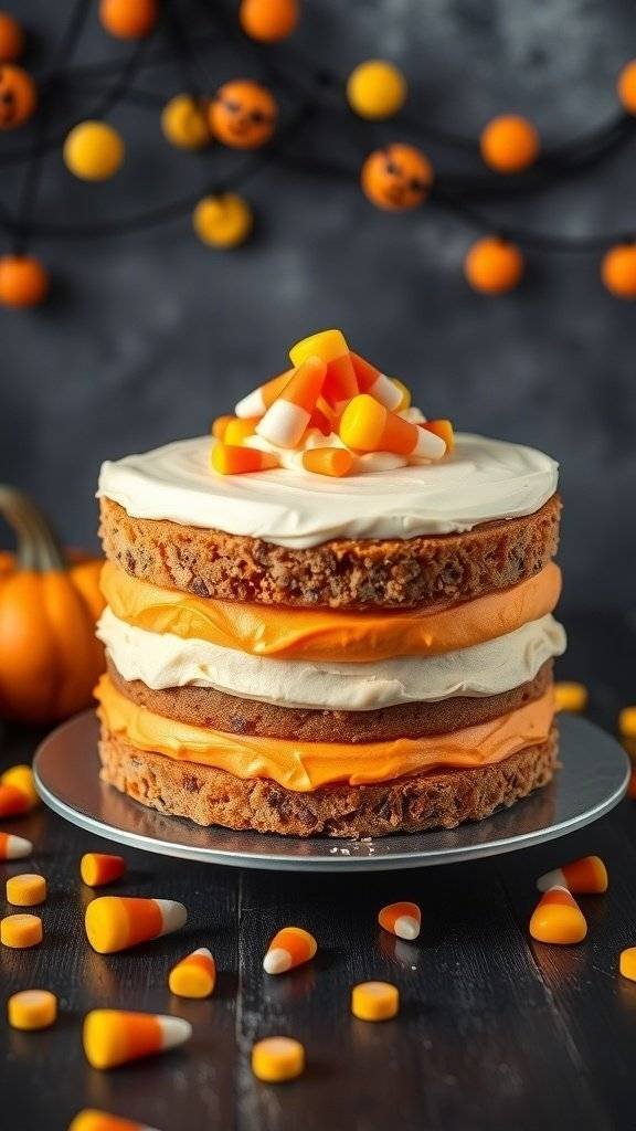 A three-layer cake decorated with candy corn, perfect for Halloween.