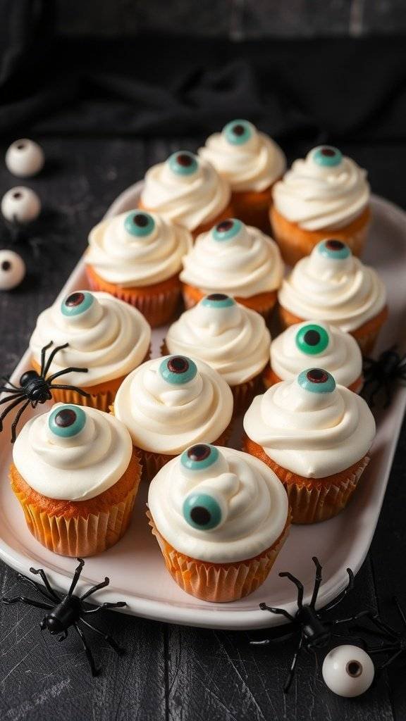 A platter of eerie eyeball cupcakes decorated with candy eyeballs and surrounded by fake spiders.