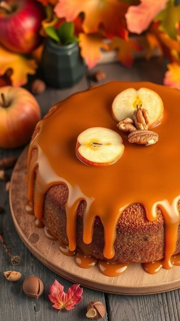 A caramel apple cake with a glossy caramel glaze, topped with apple slices and pecans, surrounded by autumn leaves.