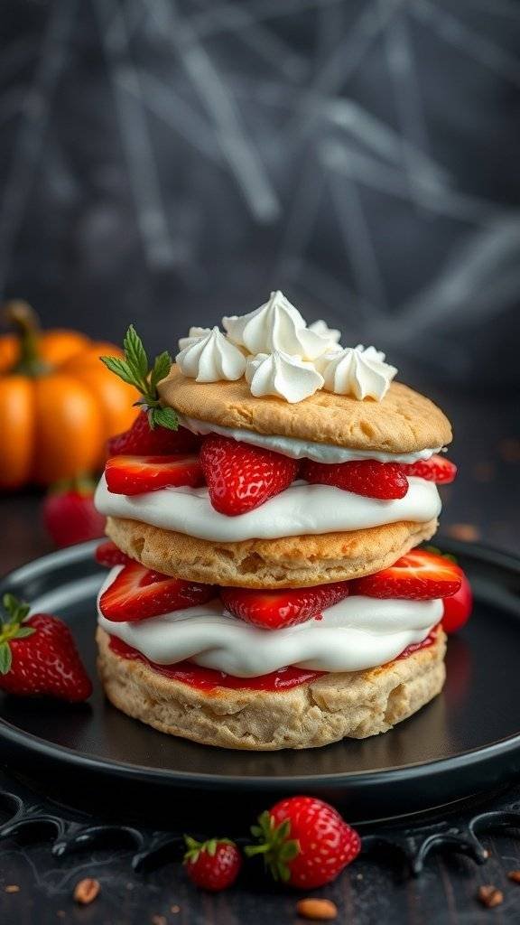 A spooky strawberry shortcake decorated for Halloween with layers of cake, strawberries, and whipped cream.