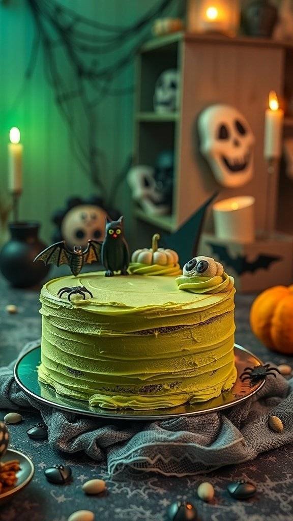 A ghoulishly green matcha cake decorated for Halloween with spooky toppings.