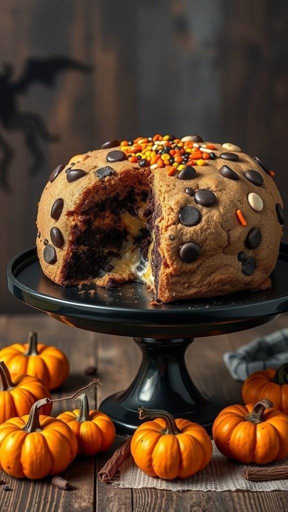 A chilling chocolate chip cookie cake decorated for Halloween with sprinkles and surrounded by small pumpkins.