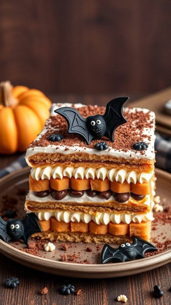 A Halloween-themed tiramisu cake decorated with bats and pumpkin.