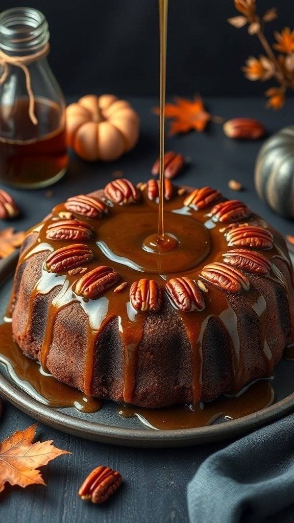 A dark bundt cake topped with maple syrup and pecans, surrounded by autumn leaves and a small pumpkin.