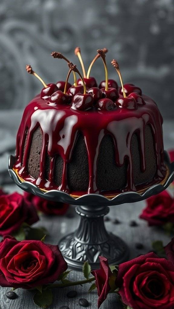 A dark chocolate cake topped with cherry glaze and fresh cherries, surrounded by red roses.