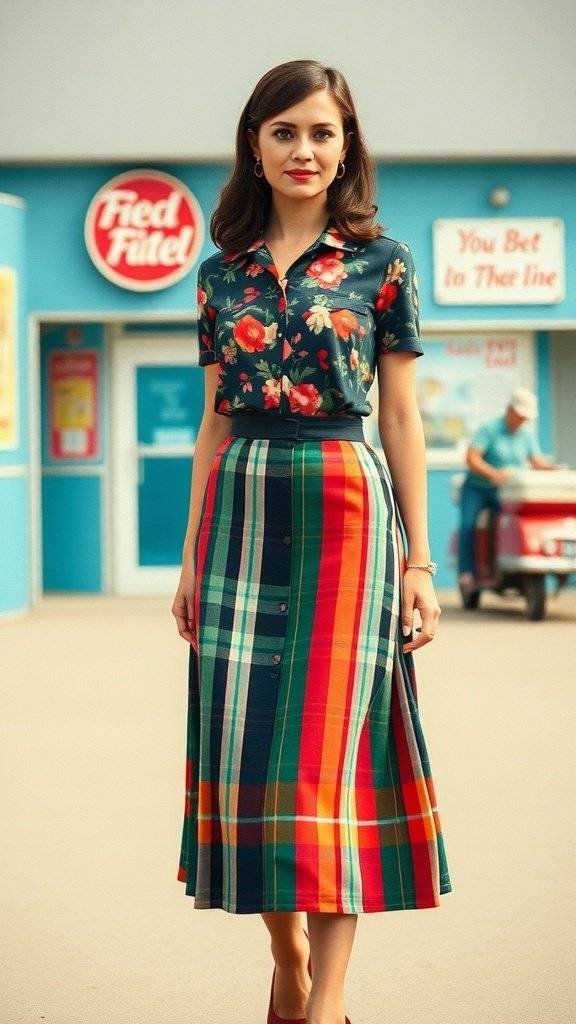 A woman wearing a floral blouse and a plaid skirt, showcasing a vibrant 1960s preppy outfit.