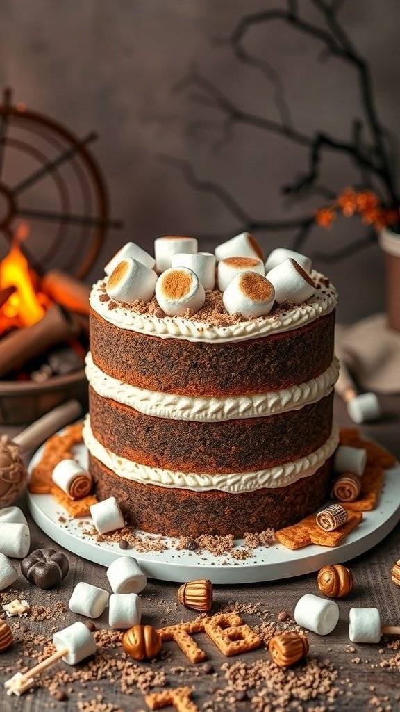 A spooky s'mores cake decorated with toasted marshmallows, graham cracker crumbs, and chocolate treats, set against a Halloween-themed backdrop.