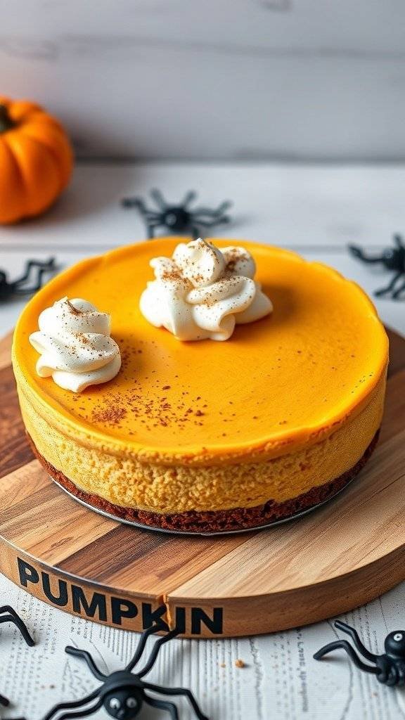 A beautifully decorated pumpkin cheesecake topped with whipped cream and cinnamon, set on a wooden board with Halloween decorations.
