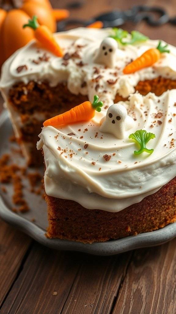 A decorated carrot cake with ghost and carrot toppers for Halloween.
