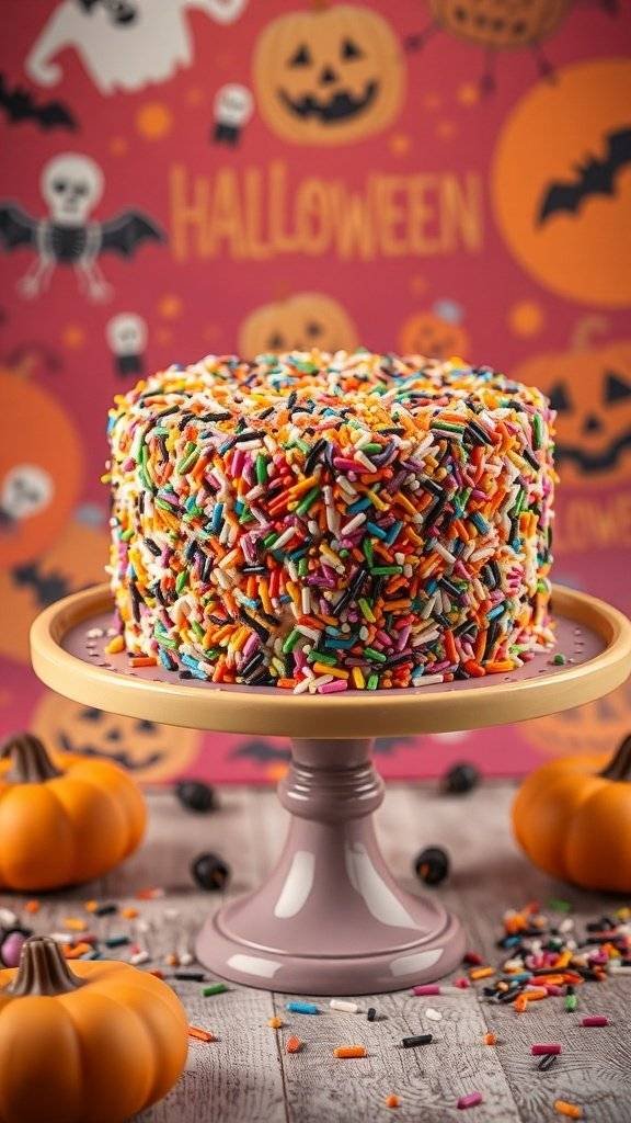 A colorful Halloween-themed funfetti cake covered in sprinkles, displayed on a cake stand with pumpkins around it.