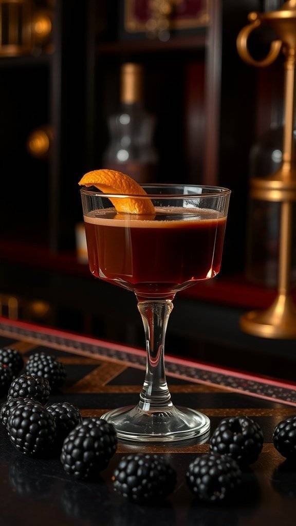 A Chocolate Old Fashioned cocktail garnished with an orange twist, surrounded by fresh blackberries