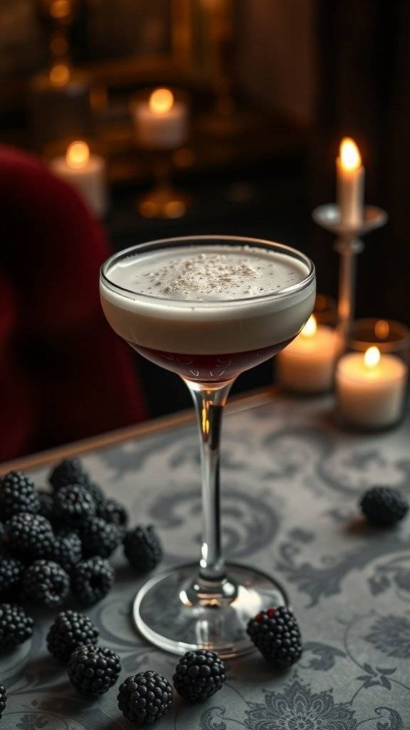 A Brandy Alexander cocktail garnished with grated nutmeg, surrounded by blackberries and candles, evoking a 1920s atmosphere.