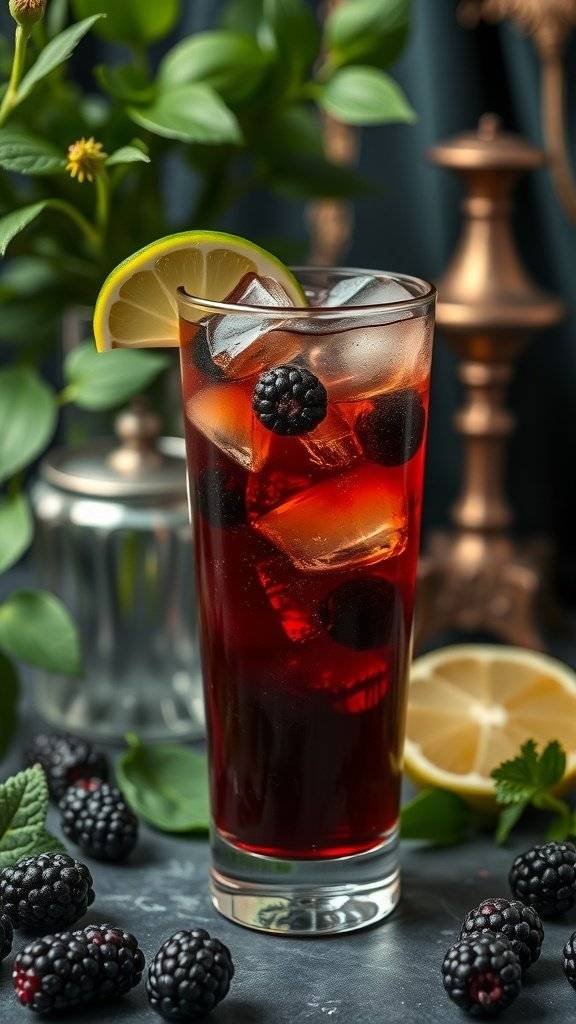 A refreshing Gin Rickey cocktail garnished with lime and blackberries, surrounded by fresh ingredients.