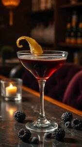 A dark martini cocktail in a bar in Gotham City.