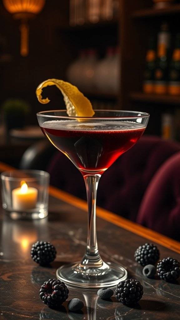 A Sidecar cocktail garnished with lemon peel, surrounded by blackberries and a candle.