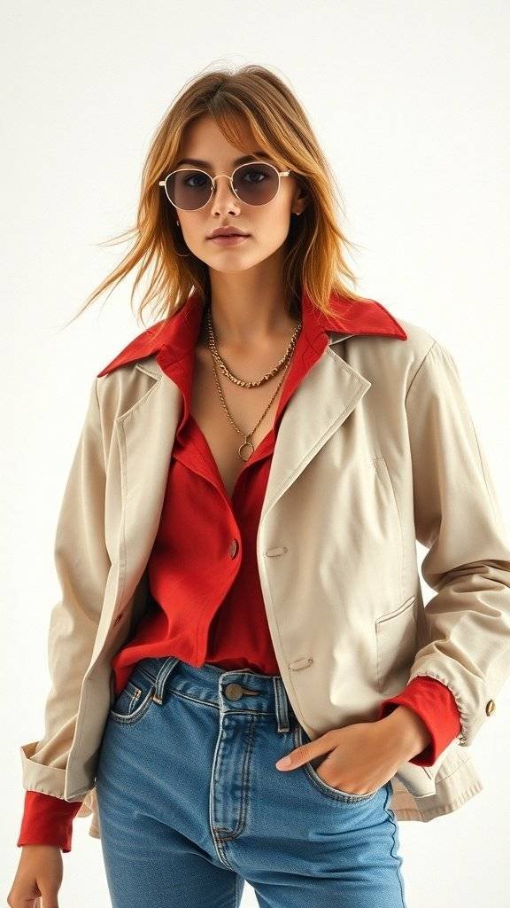 A woman wearing a beige jacket over a red shirt, styled with sunglasses and layered necklaces, showcasing a 1960s inspired preppy outfit.