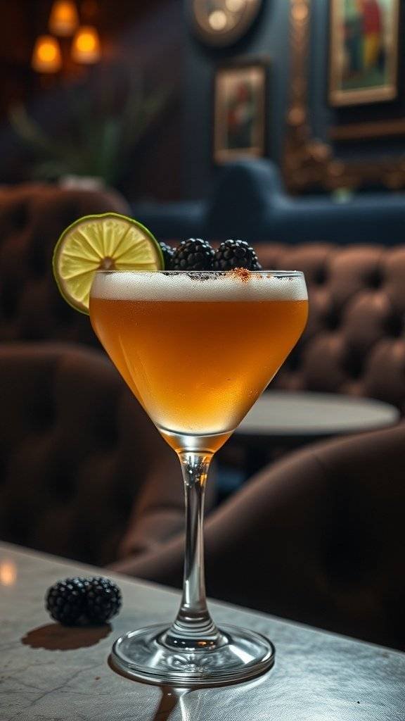 A beautifully crafted Pisco Sour cocktail garnished with lime and blackberries, set in a cozy, dimly lit lounge.