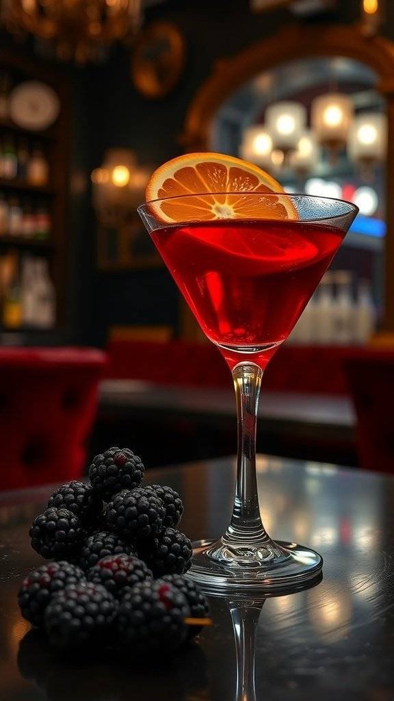 A classic Negroni cocktail garnished with an orange slice, alongside fresh blackberries, set in a luxurious bar environment.