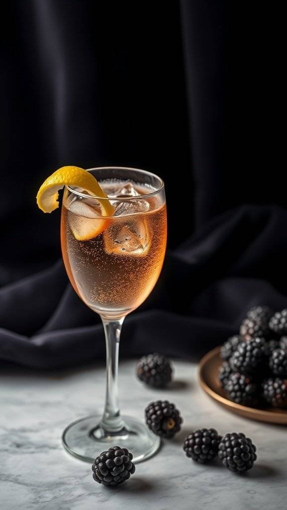 A French 75 cocktail with a lemon twist, surrounded by blackberries on a marble surface.