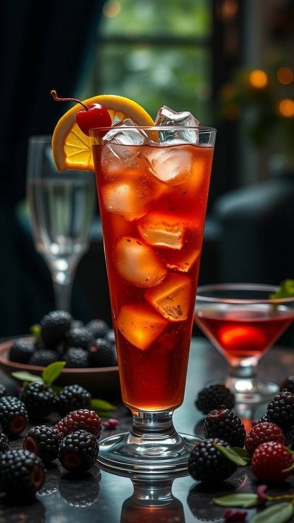 A refreshing Tom Collins cocktail garnished with a lemon slice and cherry, surrounded by blackberries.