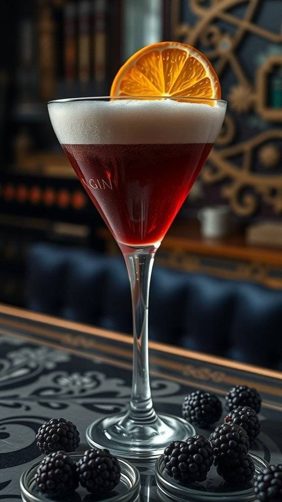 A Ramos Gin Fizz cocktail garnished with an orange slice, surrounded by blackberries.