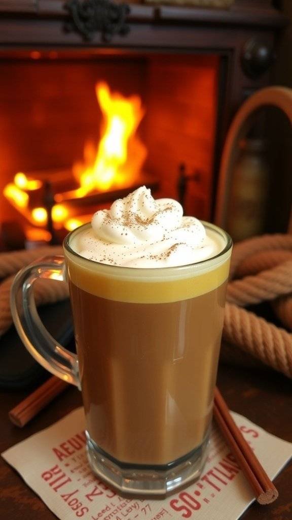 A glass of hot buttered rum topped with whipped cream, surrounded by blackberries, with a warm fire in the background.