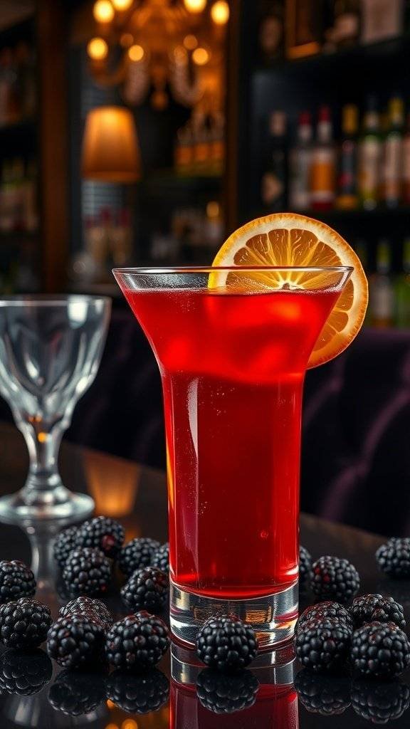 Americano cocktail with orange slice and blackberries