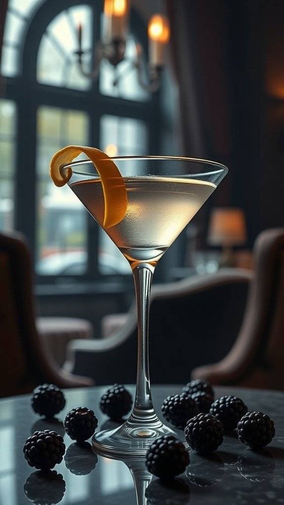 A Vesper Martini garnished with a lemon twist, surrounded by blackberries.
